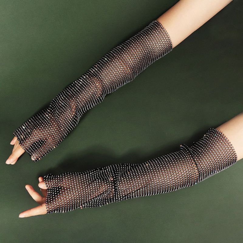 2020 Popular Women Glitter Rhinestone Arm Warmer Sleeve Sunscreen Nightclub Fingerless Gloves