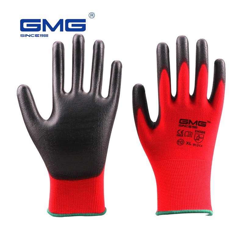 Gorąca sprzedaż 6 par GMG CE certyfikowany EN388 czerwony poliester czarny PU rękawice ochronne mechaniczne rękawice robocze