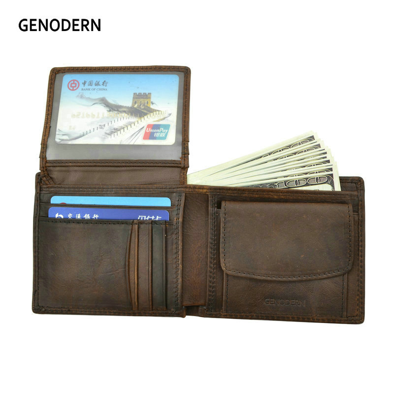 GENODERN-billeteras de cuero de vaca con bolsillo para monedas para hombre, monedero masculino Vintage, bloqueo RFID, Cartera de cuero genuino con tarjeteros
