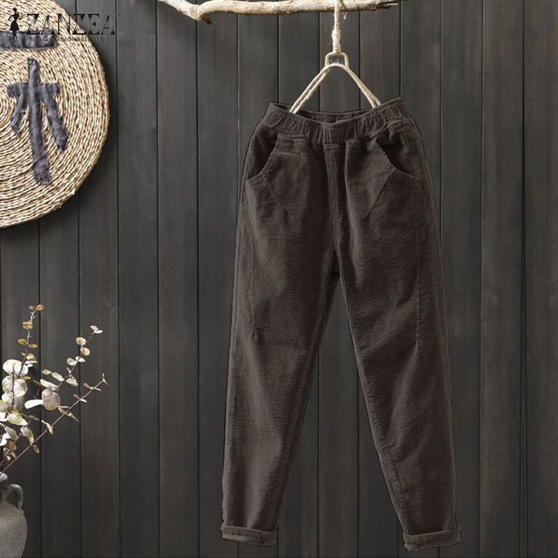 ZANZEA-pantalones bombachos de pana para mujer, calzas largas y elásticas, estilo Palazzo, para otoño e invierno, 2023