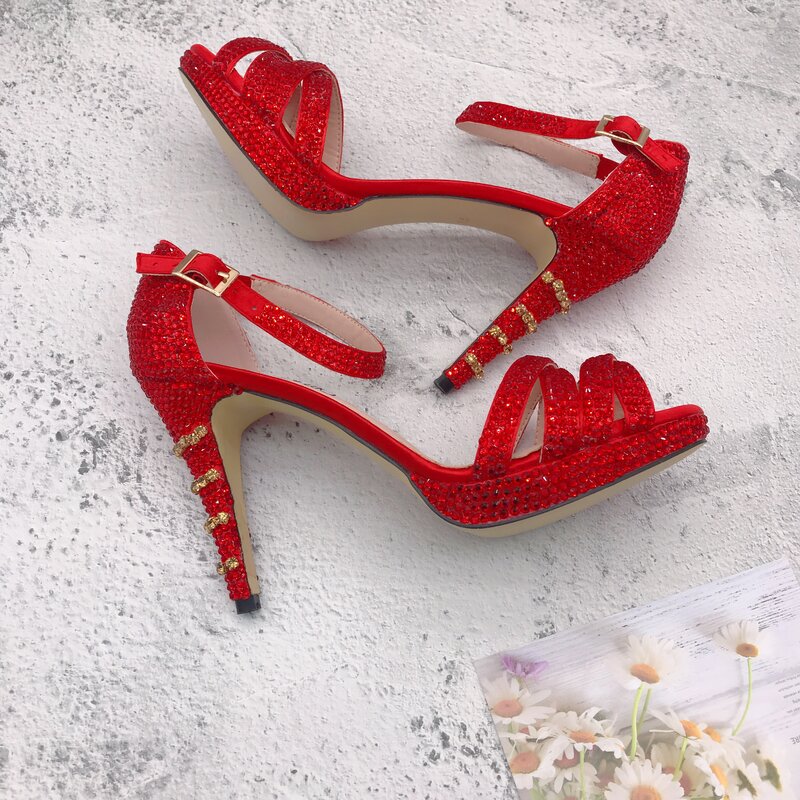 Sandália de vestido artesanal personalizada para mulheres, Sapatos De Casamento De Noiva, Sapatos De Cristal Vermelho Strappy com Conjunto De Saco De Correspondência, BS1616
