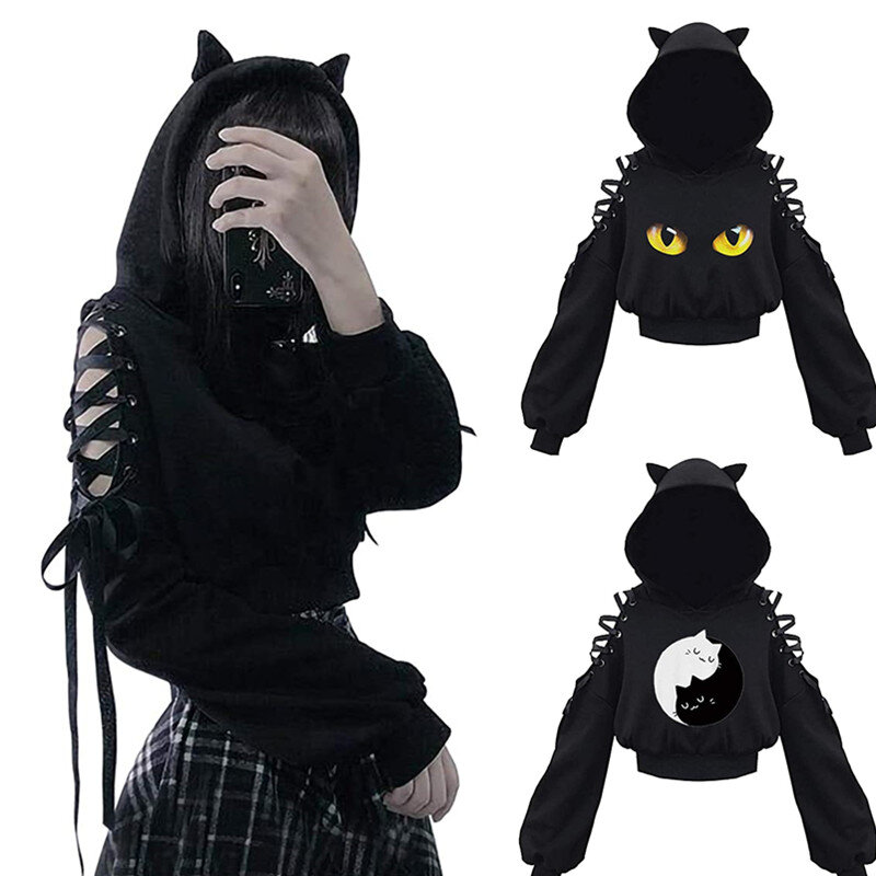 ผู้หญิง Hoodies แขนยาว Kawaii แมวหู Hoodie Gothic Punk Harajuku เย็น Shouler ผ้าพันคอ Gothic เสื้อสีดำ2021