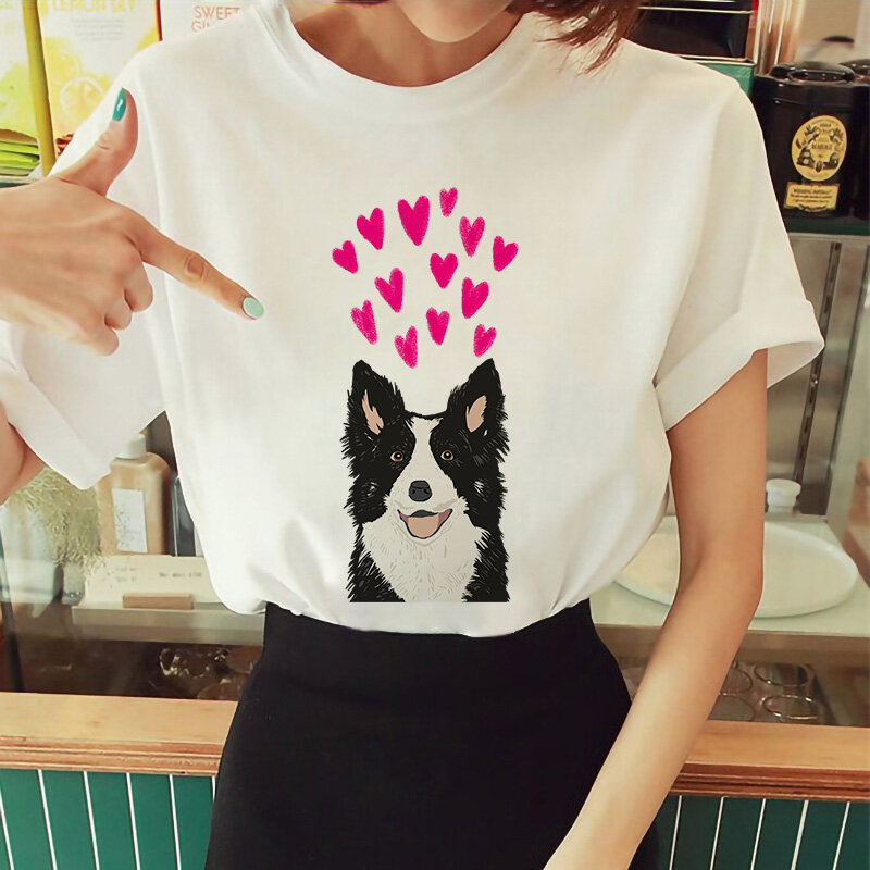 T-Shirt Musim Panas Gambar Kartun Kawaii Anak Anjing Atasan Sederhana Lengan Pendek Leher-o Kaus Grafis Hipster Putih Kasual 90-An