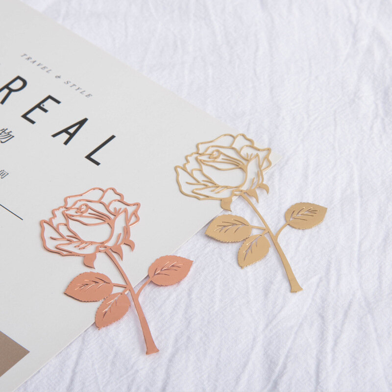 럭셔리 장미 꽃 금속 북마크 패션 전기 도금 로즈 골드 클립 책 종이 크리에이티브 제품 사무용품, 1 개