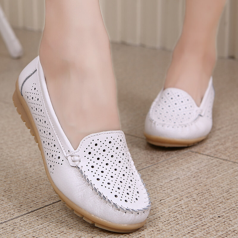 STQ 2020 Spring Women Flats Shoes Women Genuine Leather Shoes Woman Cutout Loafers Slip On Ballet Flats Ballerines Flats 169