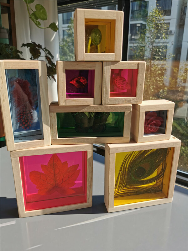 Giocattolo per bambini Montessori blocchi di specchio arcobaleno sensoriale in legno impilabile in acrilico con gemme foglia di piume fiore di farfalla di grandi dimensioni