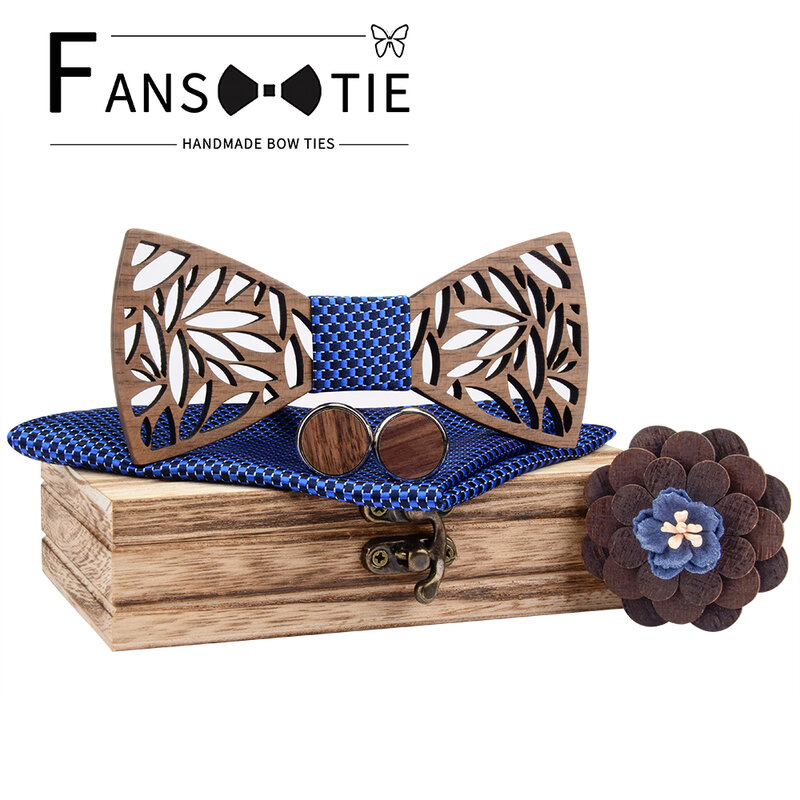 Pajarita de madera tallada de Cachemira para hombre, conjunto cuadrado de bolsillo, corbatas de madera Floral azul marino, caja de boda, regalos novedosos de moda, 2020