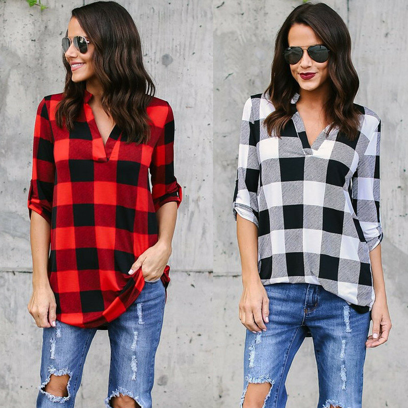 New Casual Red Plaid Women Blouses Black Red Check Boyfriend Style Shirts Loose Camisa Tops Autumn 5XL Plus Size