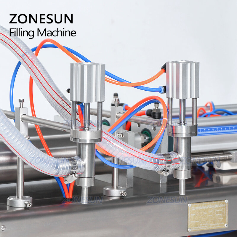 Zonesun-상업용 완전 공압 피스톤 더블 헤드 액체 충전 기계, 우유 음료 식용유 알코올