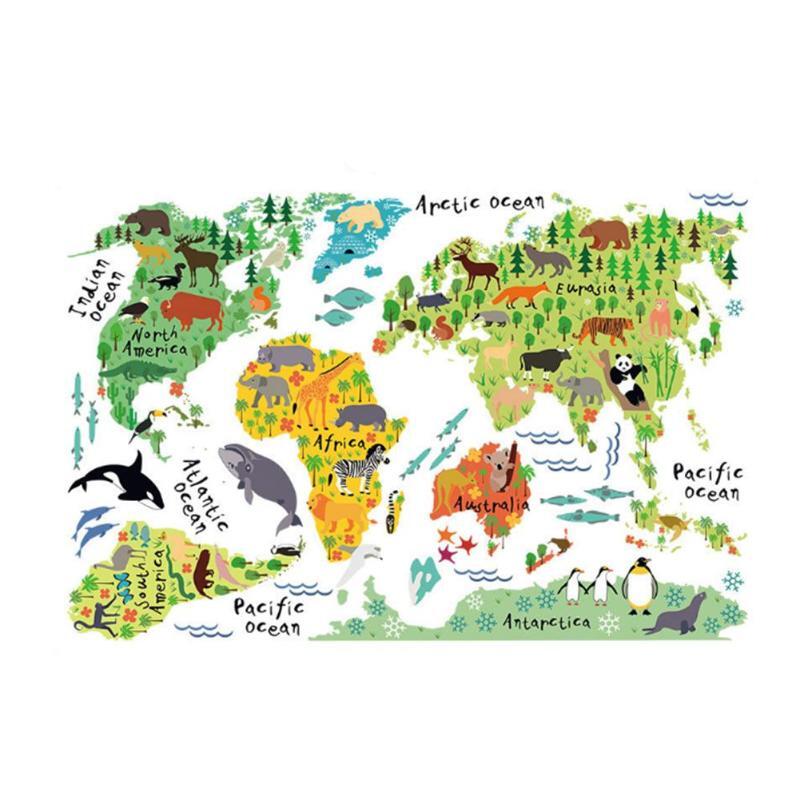 Colorful Animal World Map Wall Stickers Living Room Home Decorations Removable PVC Decal Mural Art Diy Office Kids Room Wall Art