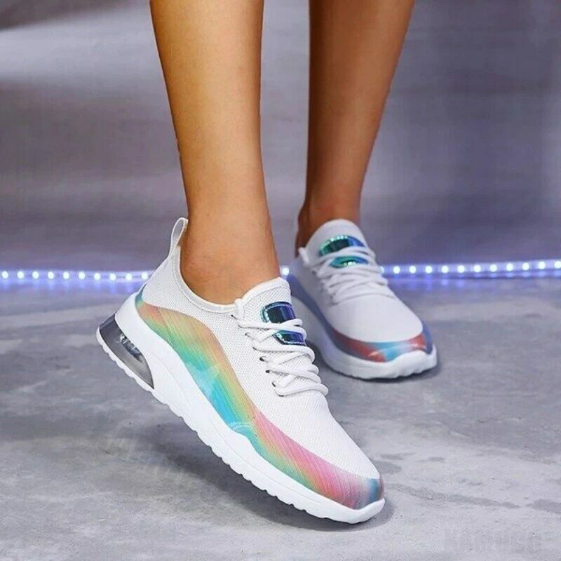 Zapatillas de correr coloridas para mujer, zapatos informales con cordones vulcanizados, zapatos planos para caminar, zapatos deportivos para mujer