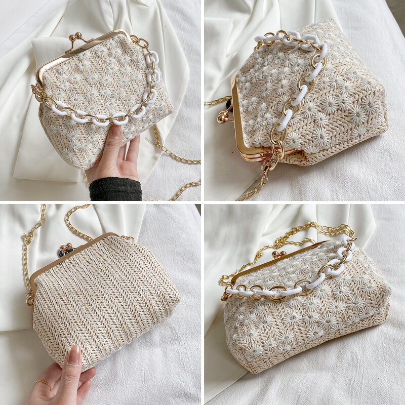 Embroidered Summber Straw Bag Casual Beaded Handmade Bags for Women 2021 Weaving Ladies Beach Totes Crossbody Shoulder Bag