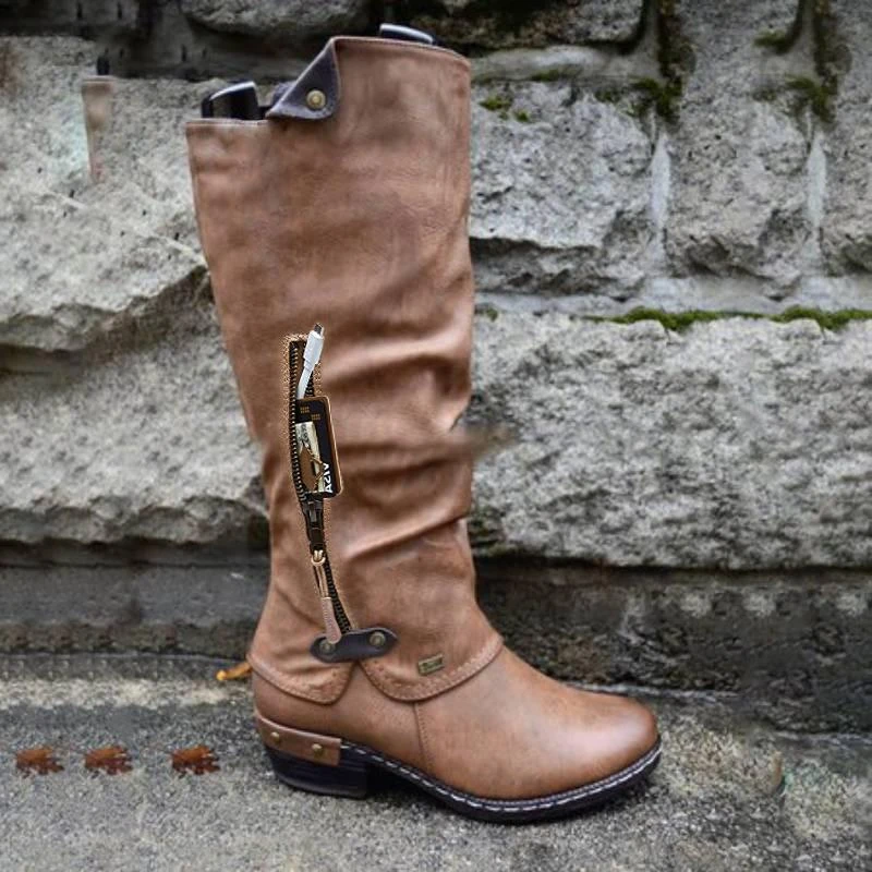 Women Boots Western Cowboy Knee-high Punk Low Thick Heel Side Zipper Female Ladies Shoes Winter Shoes Winter Boots Women