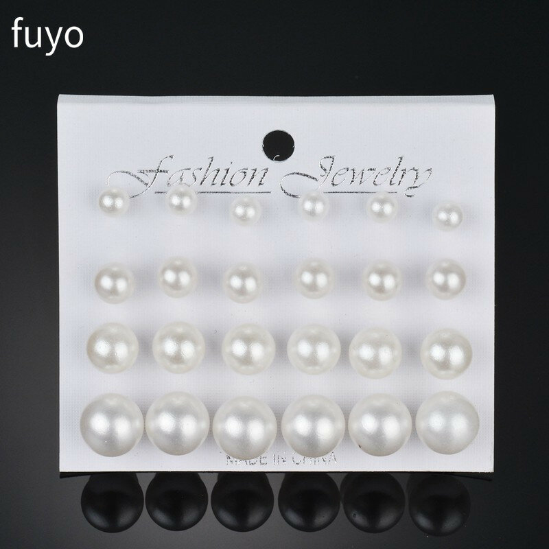Fuyo الأبيض مقلد بيرل أقراط مجموعة للنساء ، الكرة مجموعة أقراط ، الأذن مجوهرات ، 12 Pairs