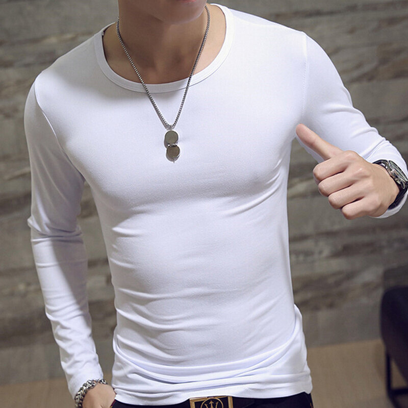 T-Shirt Pria Elastis 2020 T-Shirt Pria Lengan Panjang Leher Bulat Leher-o untuk Pria Lycra dan Katun T-Shirts Pakaian Pria