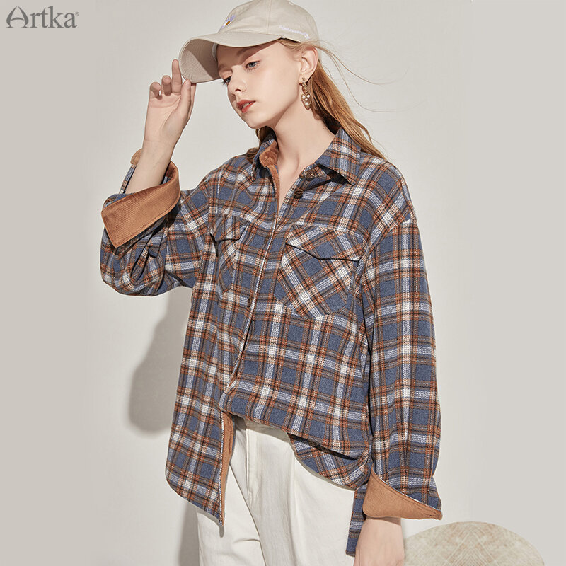 ARTKA-Blusa Vintage a cuadros para mujer, camisas informales gruesas y cálidas de lana, prendas de vestir exteriores, camisas holgadas de pana, SA20100Q, 2020
