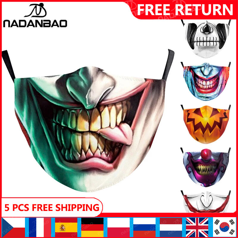 NADANBAO Halloween Cosplay Adult Print Mask Kid Washable Fabric Mask Funny Mouth Grimace Reusable Mask Role-playing Props