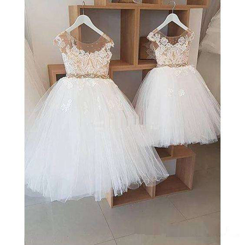 Flower Girl Dresses With Champagne Bow Sash 2-14 Years Lace Tulle Flower Girls Dresses Up White for Child Wedding Party