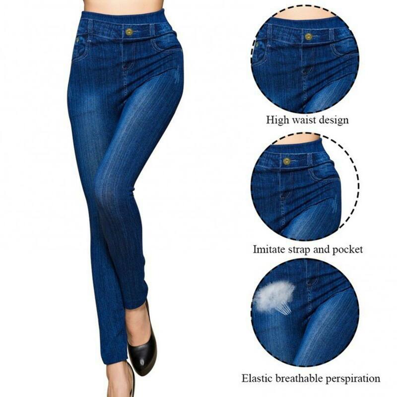 Mulheres cintura alta bolsos botão sem costura leggings lápis magro calças jeans