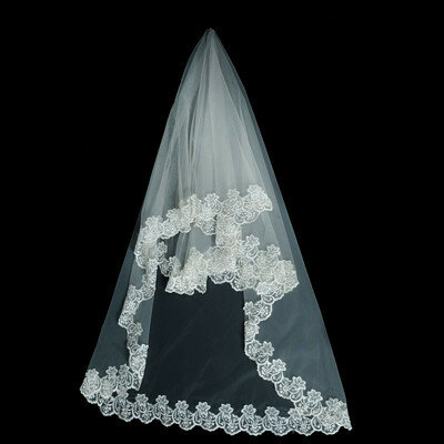 1T White Ivory Lace Appliques Bridal Veil  Wedding Women Elegant  One Layer Floral Embroidery