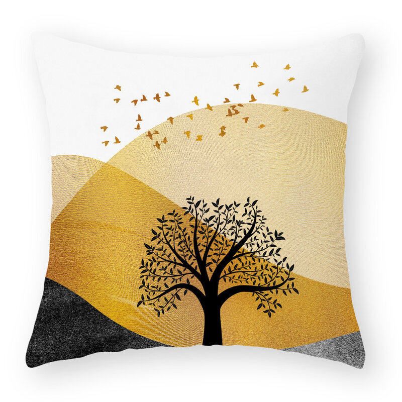 Golden Landscape Print Cushion Cover 18x18in Elk Tree Monstera Texture Polyester Throw Pillowcase Abstract Art  Home Decorations