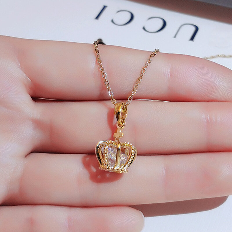 Trendy Fine 14K Real Gold Noble Crown Chain Pendant Necklace for Women Accessories Original Design Fashion Jewelry Zircon Party