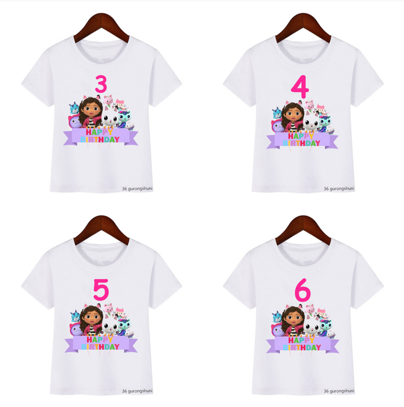 Kawaii Gabbys Doll House Cartoon Print T-Shirt Infantil, Roupa de Aniversário, Tops Bonitos, 2 a 10 Anos