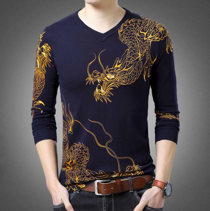 V Leher Lengan Panjang New Motif Katun Pria Dragon Tattoo Desain Musim Semi Musim Gugur Tipis Merajut Sweater Kemeja