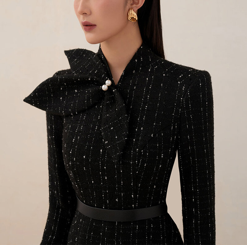 Sartoria abito nero abito nero abito femminile di lusso leggero abiti semi-formali abito da principessa abito in tweed bianco nero