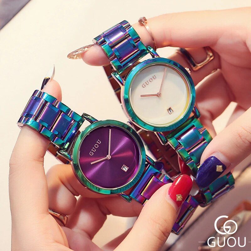 Guou นาฬิกาผู้หญิงหรูหราสายสแตนเลสสีสันสดใสนาฬิกาผู้หญิงสีม่วงนาฬิกาแฟชั่นนาฬิกาข้อมือผู้หญิง reloj mujer zegarek damski
