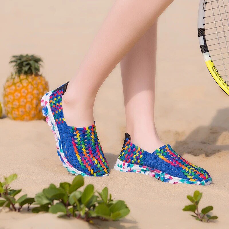 STRONGSHEN New Women Shoes Summer Casual Shoes Flats Breathe Female Woven Walking Shoes Slip On Lady Loafers Handmade Shoes