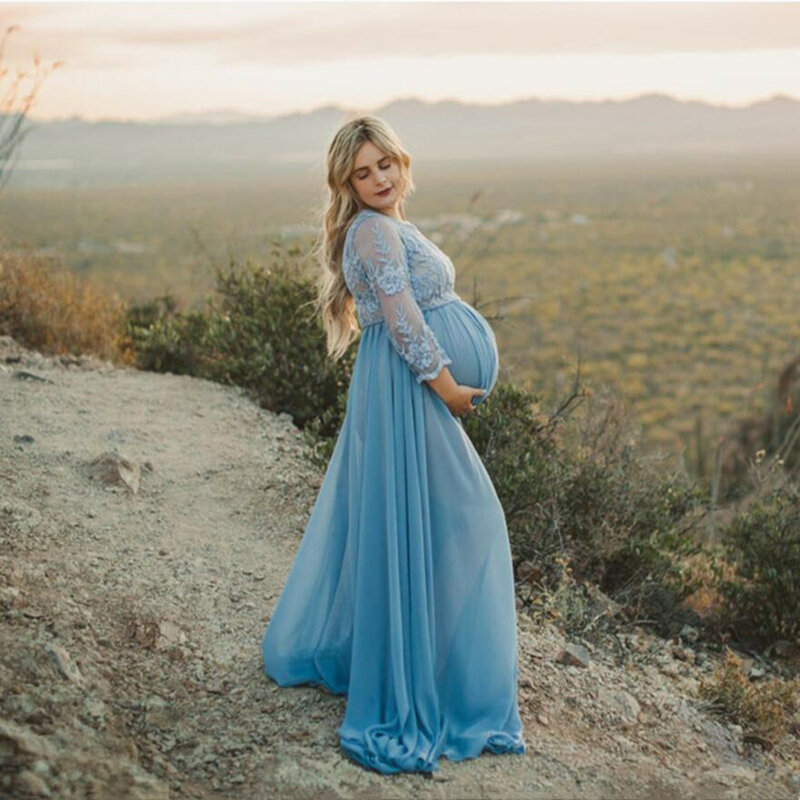 Nova maternidade rendas chiffon trailing vestido gravidez das mulheres grávidas primavera outono maxi vestido fotografia prop ver através de roupas