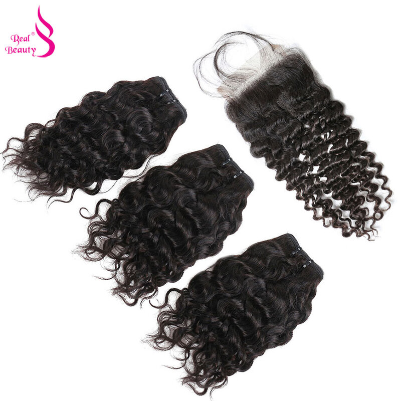 Real Beauty 50G Water Wave 3 /4 Bundles with Closure Malaysian Remy Human Hair Bundles Deals Ocean Weave Human Hair Extensions