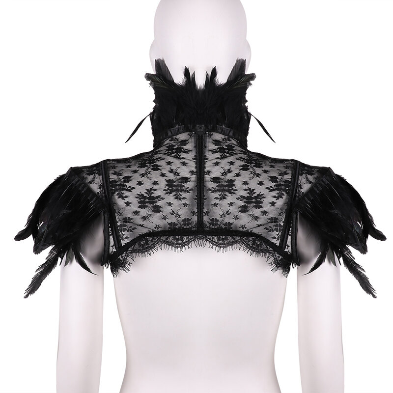 Punk Gothic Black Feather Stole Cape Vintage Shrug Shawl Sexy Lace Floral Fake Neck Choker Cape Cosplay Shoulder Wrap for Women
