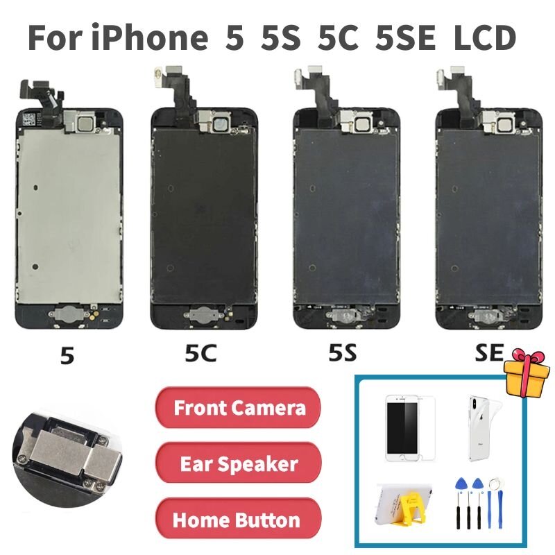 Pantalla LCD completa para iPhone 5, 5S, 5C, SE, montaje de digitalizador táctil, Pantalla de repuesto con botón de inicio de cámara frontal