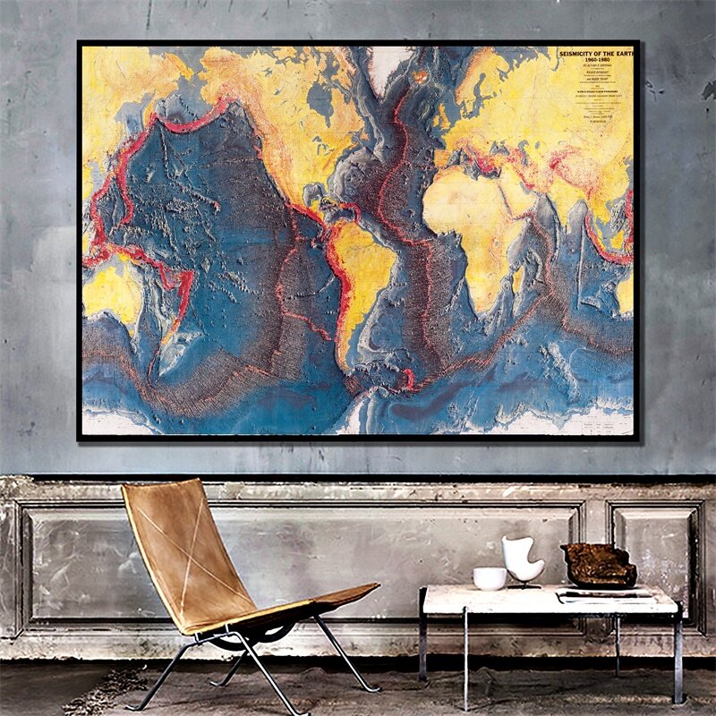 A2 Size Seismicity Van Aarde World Ocean Floor Panorama Van 1960-1980 Canvas Wall Decor Kaart Voor Onderzoek Wereld kaart Behang
