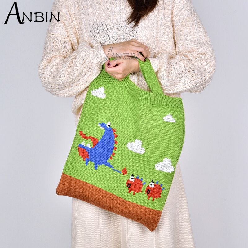 Lady Knitting Winter Warm Tote Shoulder Bag Crochet Woolen Dinosaur Casual Shopping Top-handle Bag Female Daily Open Handbag