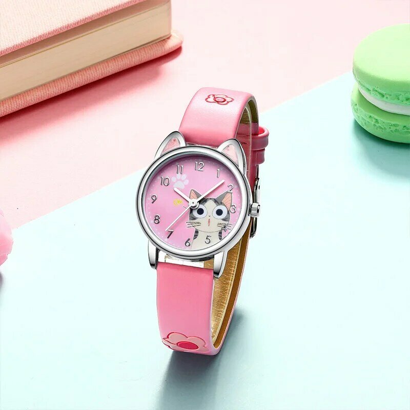 YROX-Montre à quartz analogique avec chaîne pour enfants, motif de chat fromage mignon, montres pour filles, horloge étudiante, cadeau