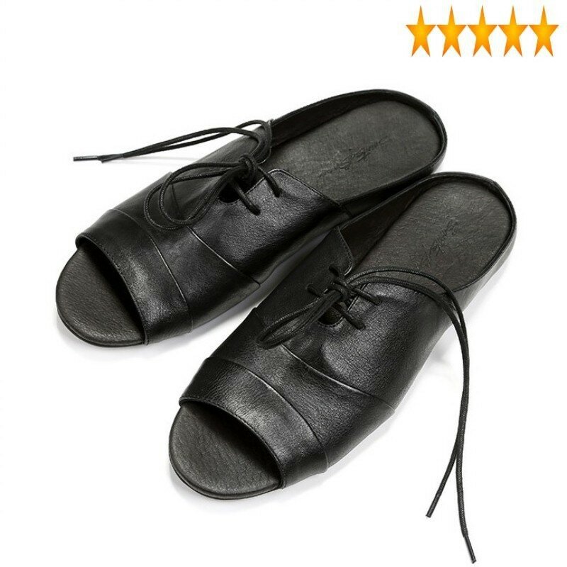 Genuíno 2021 moda inglaterra vintage chinelos de couro dos homens verão roma dedo do pé aberto sapatos preto deslizamento em sandálias planas calçados casuais