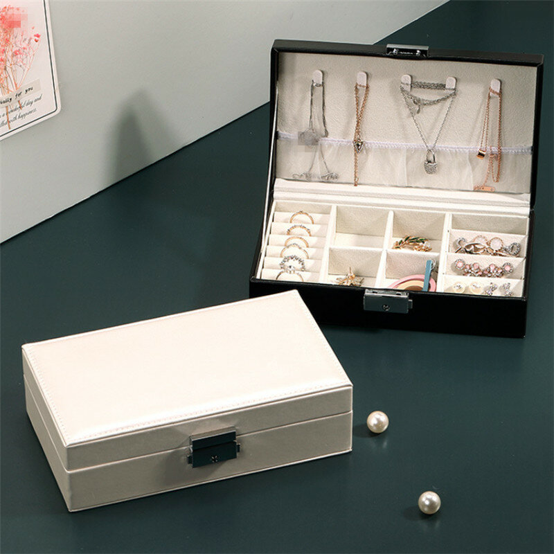 JWWWBOX Organizer biżuterii dla kobiet PU skóra biżuteria pudełko wystawowe opakowanie z zamkiem na kolczyki bransoletki naszyjniki pierścionki