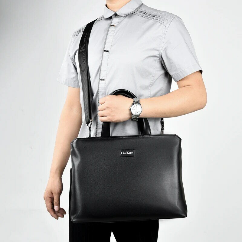 Man's Briefcase PU Leather Shoulder Bag 14 Inch Laptop Bag Male Travel Bag Big Capacity Handbag, Black&Brown