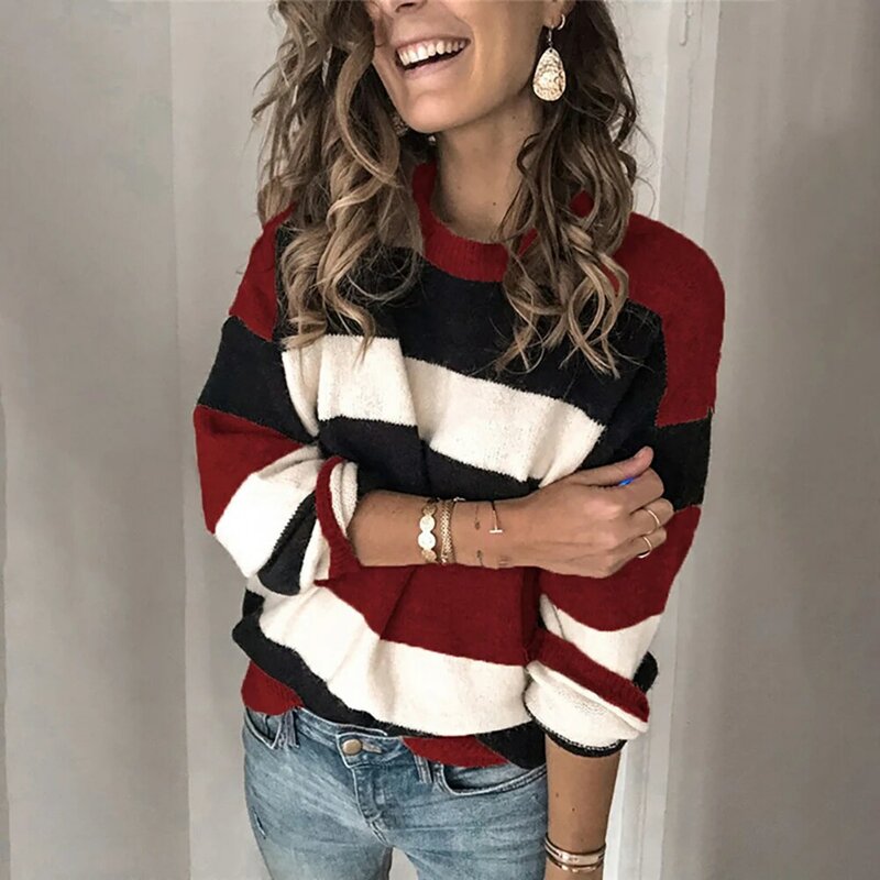 Jersey de manga larga con cuello redondo para mujer, Jersey de punto holgado con bloque de Color, ropa informal de otoño, 2020