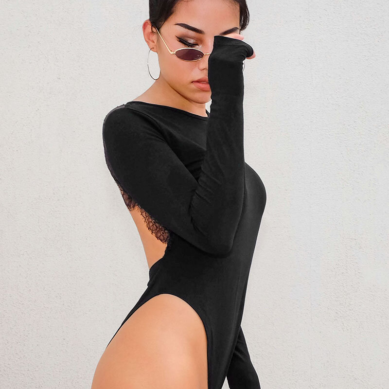 Darlingaga-Body Sexy de retazos de tela y encaje con espalda al aire, Body de manga larga para mujer, traje de una pieza, monos negros primavera 2020