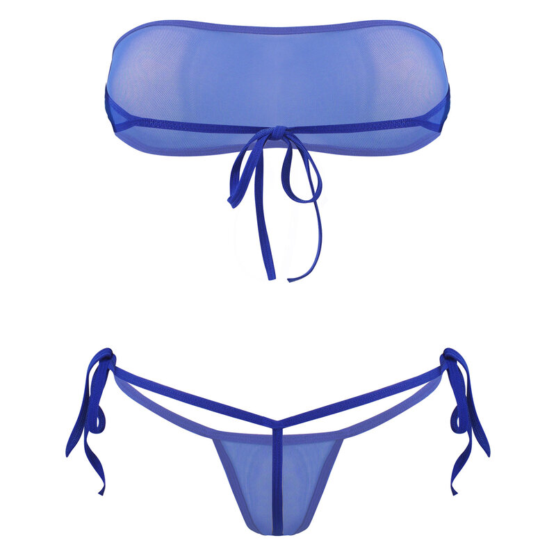 Damska przepuszczalność Sheer Top bez ramiączek strona krawatowa stringi zestaw mikro Bikini 2 sztuka brazylijskie stroje kąpielowe strój kąpielowy kostiumy kąpielowe