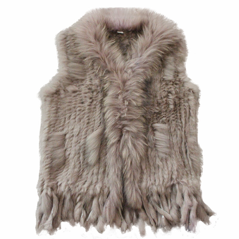 Harppihop-Real Rabbit Fur Vest com Raccoon Fur Collar para Mulheres, Colete, Casacos de Malha, Frete Grátis, Inverno