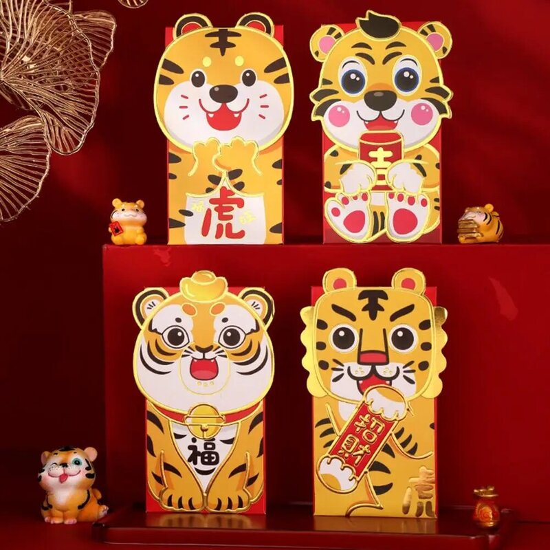 Set de 4 unids/set de sobres rojos con símbolo fino de papel de dibujos animados, suministros de fiesta para Festival de Primavera chino, paquete de la suerte, 2022