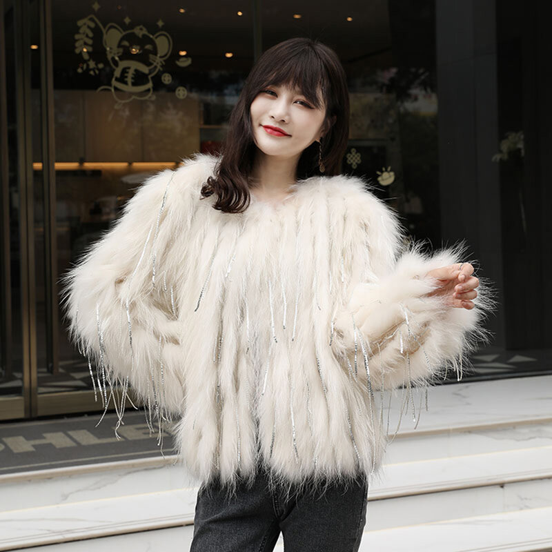 100% Bulu Rakun Bulu Tenun Jaket Wanita Musim Dingin Jaket Bulu Hewan Hangat Lengan Panjang Musim Gugur Jaket Nyata Hewan Bulu Anyaman