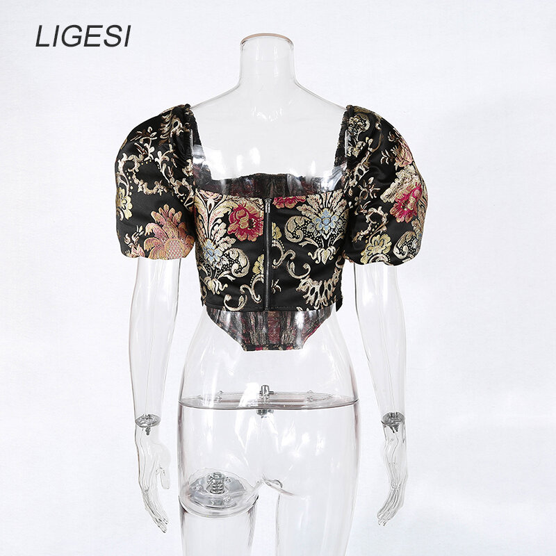 Square Collar Strapless Crop Tops Shirt Puff Sleeve Embroidered Sexy Backless Shirts Blouse Women Zipper Elegant Crop Top