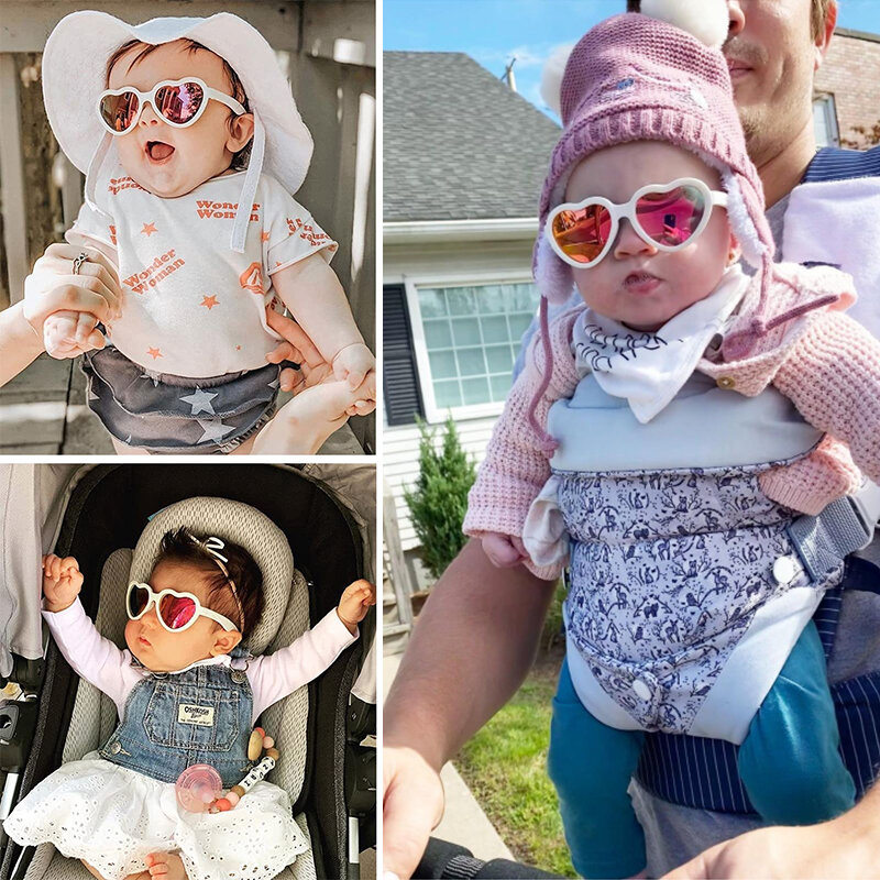 Óculos polarizados em forma de coração com alça, óculos de sol flexíveis para criança e bebê, 0-24 meses bebê, ajustável
