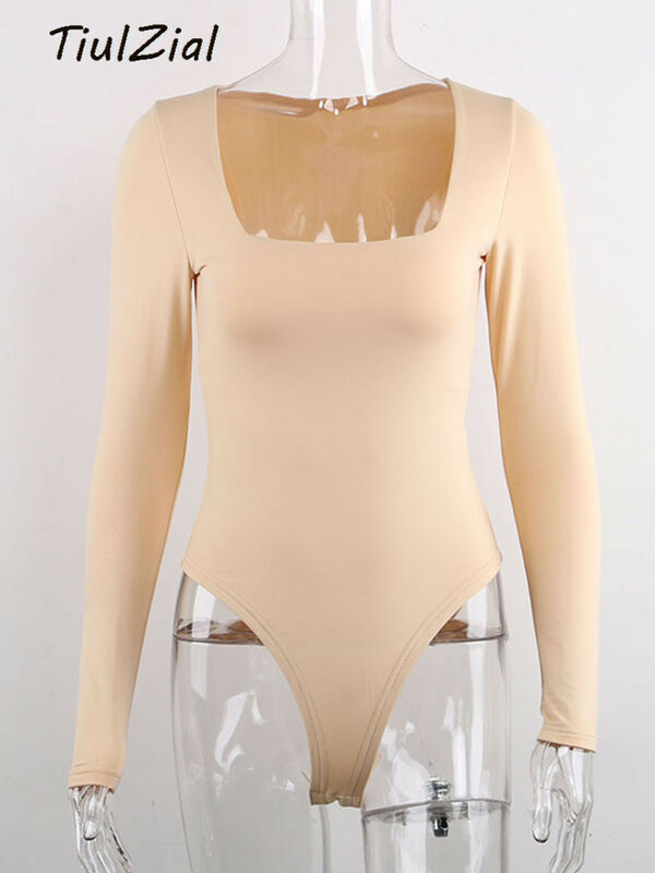 Tiulzial gola quadrada manga longa bodycon bodysuit para as mulheres outono branco bodysuit inverno casual corpo feminino superior preto